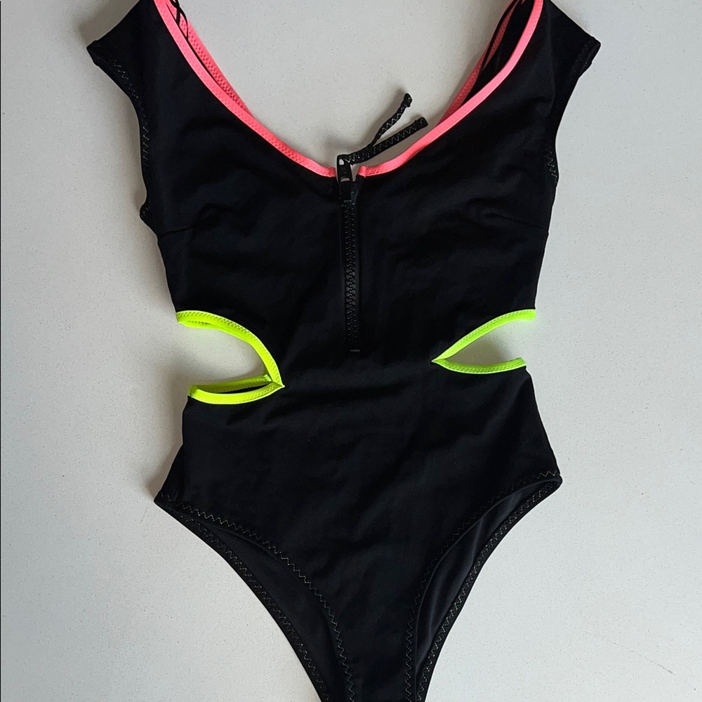 Zara Black One-Piece Swimsuit with Neon Pink & Neon Yellow Trim